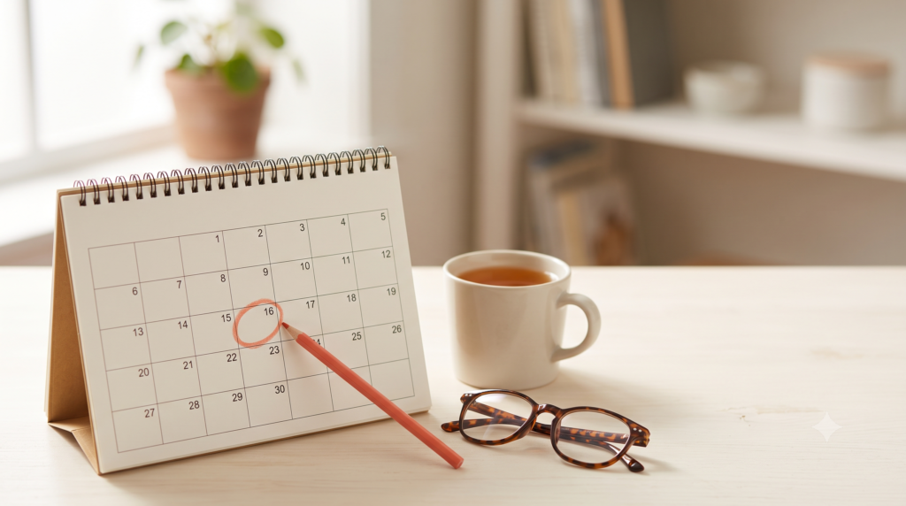 Calendário e caneta a marcar as semanas de gravidez sobre mesa clara