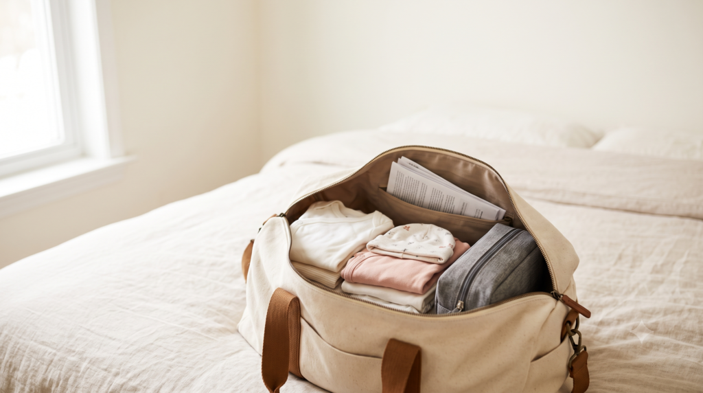 Mala da maternidade aberta com roupa dobrada e documentos, luz suave